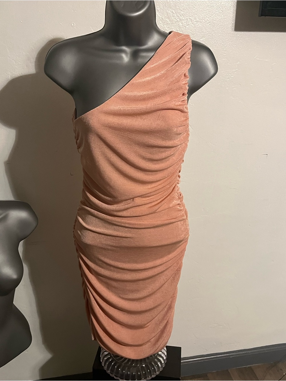 Asymmetric One-Shoulder Ruched Dress in Blush Peach